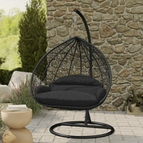 LeisureMod Hanging Swing Chair Two-Person Seater Egg Chair Black Frame in Teardrop Design with Armrest Removable Zippered Washable Polyester Cushion Cover for Indoor and Patio Recluse Collection