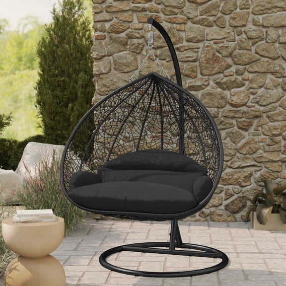 LeisureMod Hanging Swing Chair Two-Person Seater Egg Chair Black Frame in Teardrop Design with Armrest Removable Zippered Washable Polyester Cushion Cover for Indoor and Patio Recluse Collection