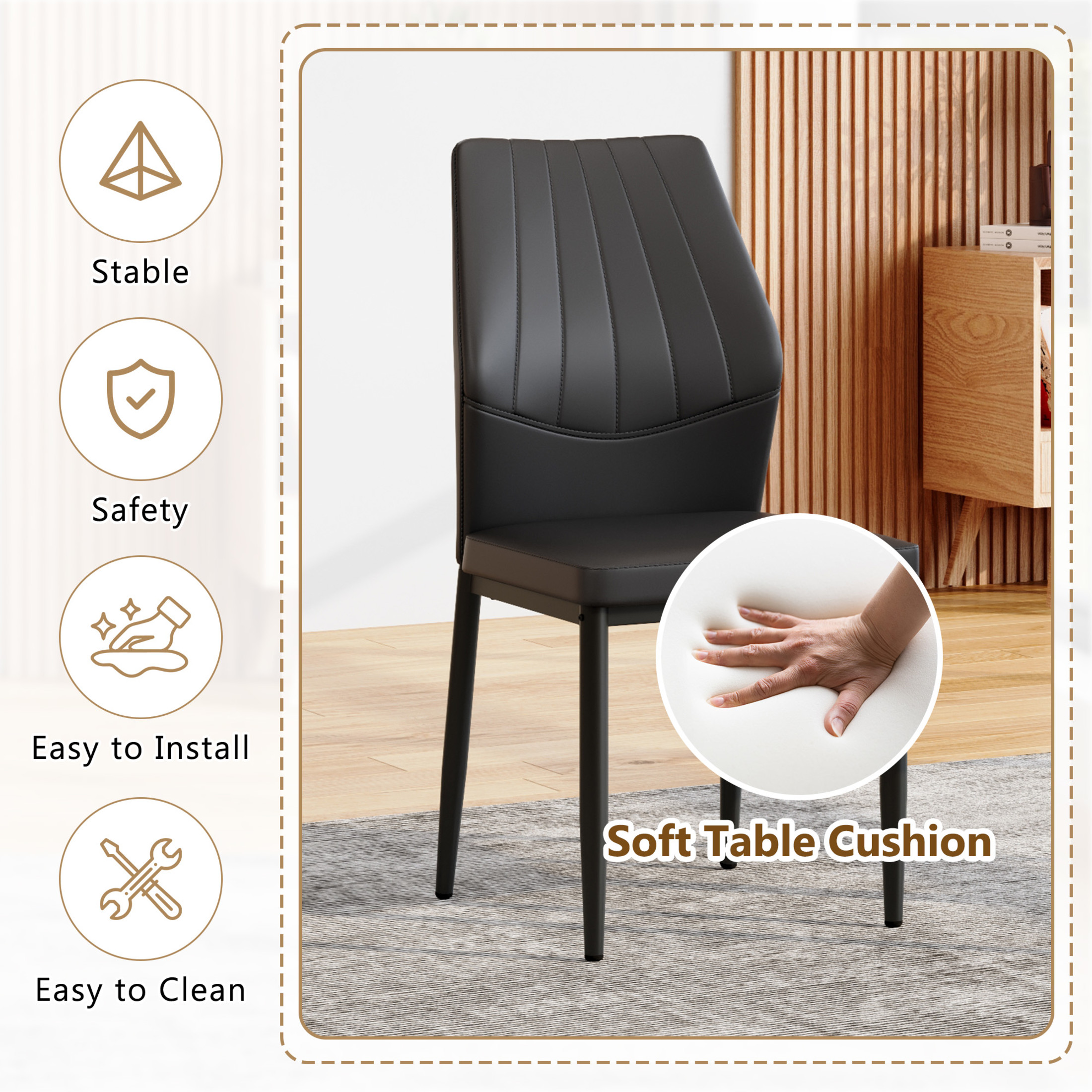 Noble House 37" Luxury Dining Chairs, PU Leather Shell Back, Ergonomic Cushion Seat, Black Metal Legs, Black, Set of 4