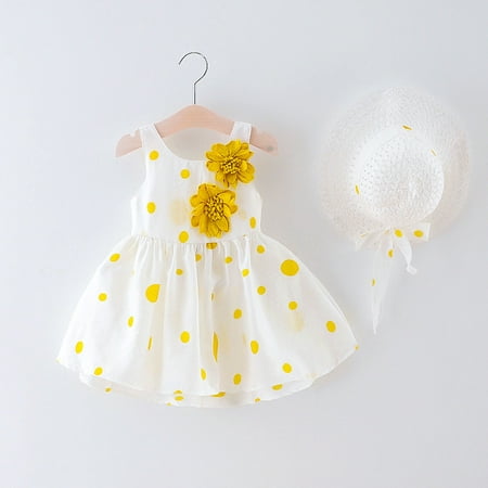 

QISIWOLE Toddler Kids Baby Girls Cute Summer Flowers Polka Dots Print Sleeveless Dress Skirt Hat Suit Clearance