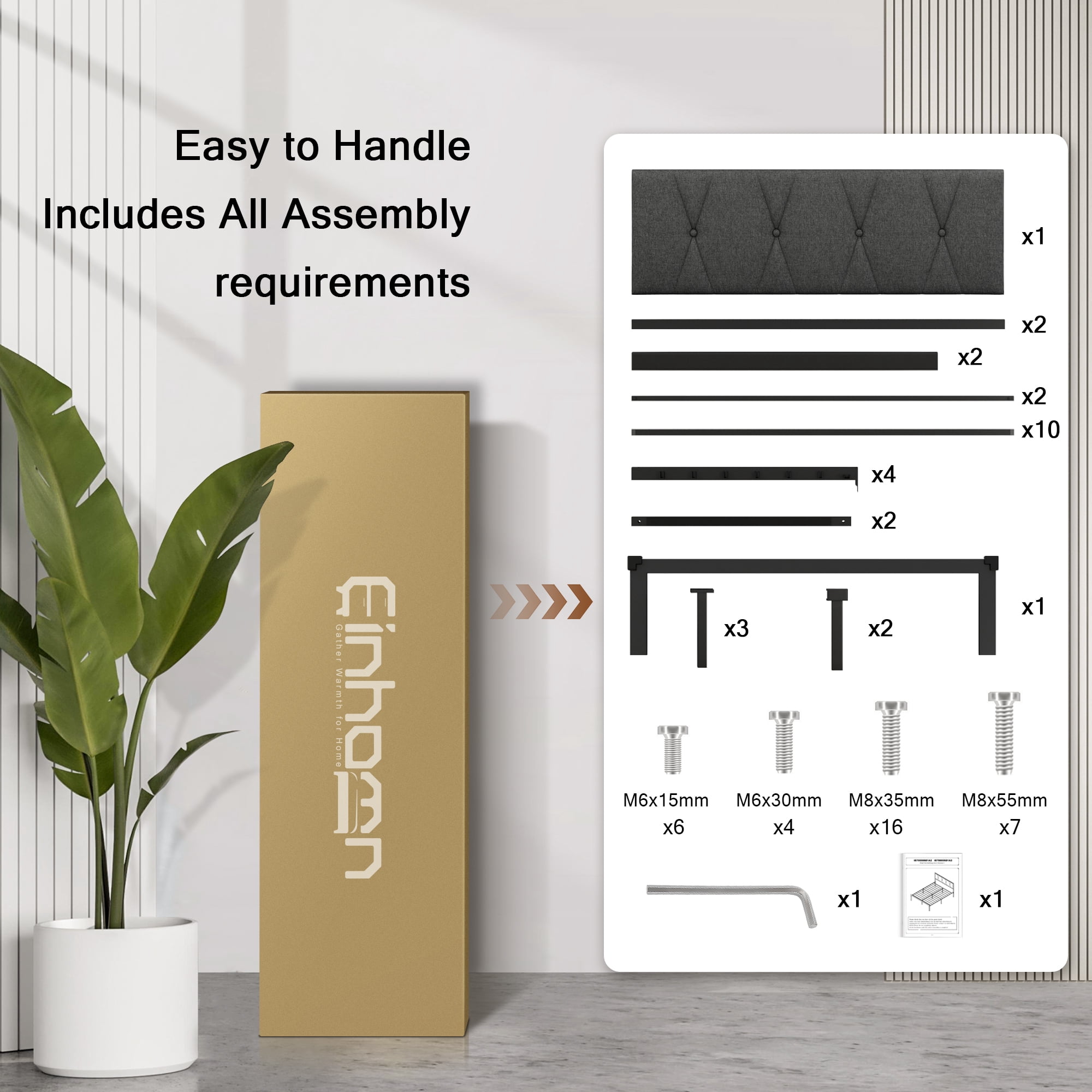 Einhomn Modern Metal Platform Bed Frame with Fabric Upholstered Headboard 12" Underbed Storage, Full Size