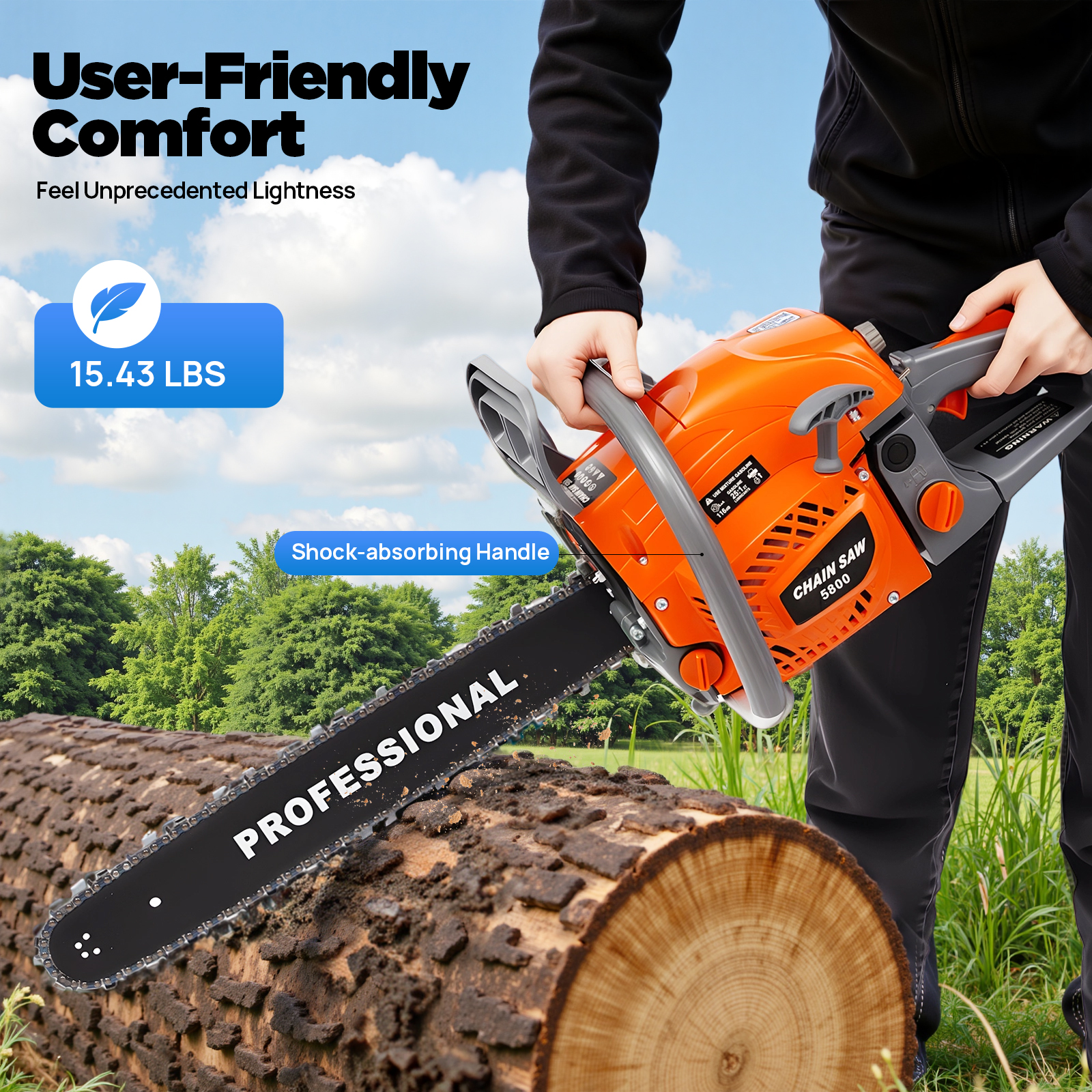 22 Inch Gas Powered Chain Saw, 2.4KW 52CC Gasoline Chainsaws with Bar Cover, 2-Cycle Power Chain Saw for Wood Cutting and Tree Pruning