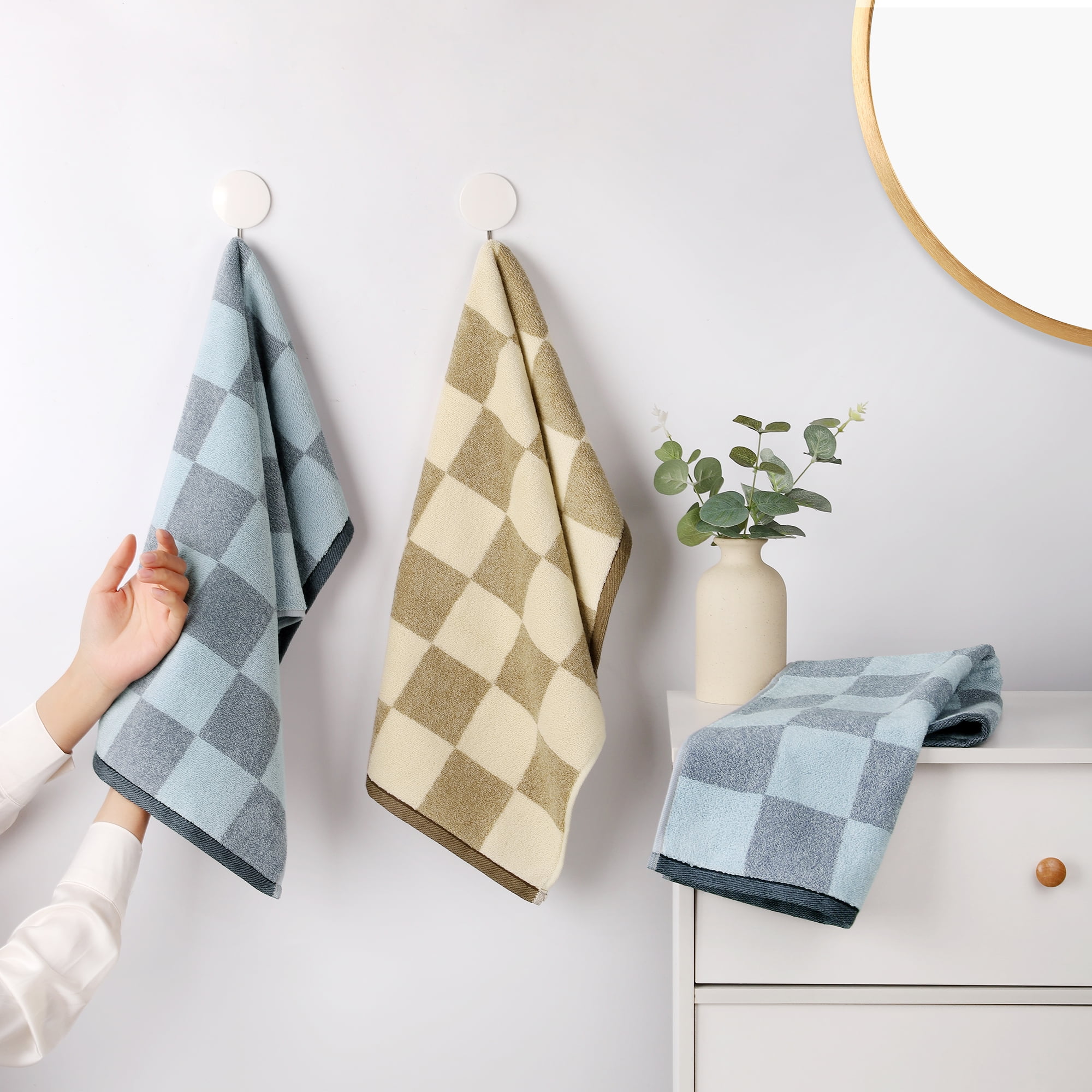 Unique Bargains Bathroom Checkered Decorative Hand Towel Set 14" x 28" Brown 4-Piece