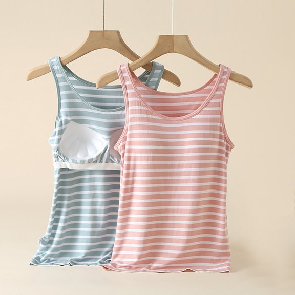 Miorin Women Striped Wide Strap Tank Tops with Built-in Padded Bra, Scoop Neck Modal Wireless Shelf Bra Undershirt, Wavy Hem Loungewear Sleeveless Cami for Sleep Daily Casual Layering, Blue L