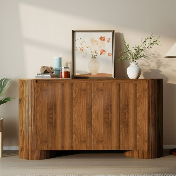 60” Sideboard Buffet Cabinet with Storage Mid Century Modern Storage Cabinet 4 Doors Adjustable Shelves Oval Large Buffet Table Kitchen Living Room