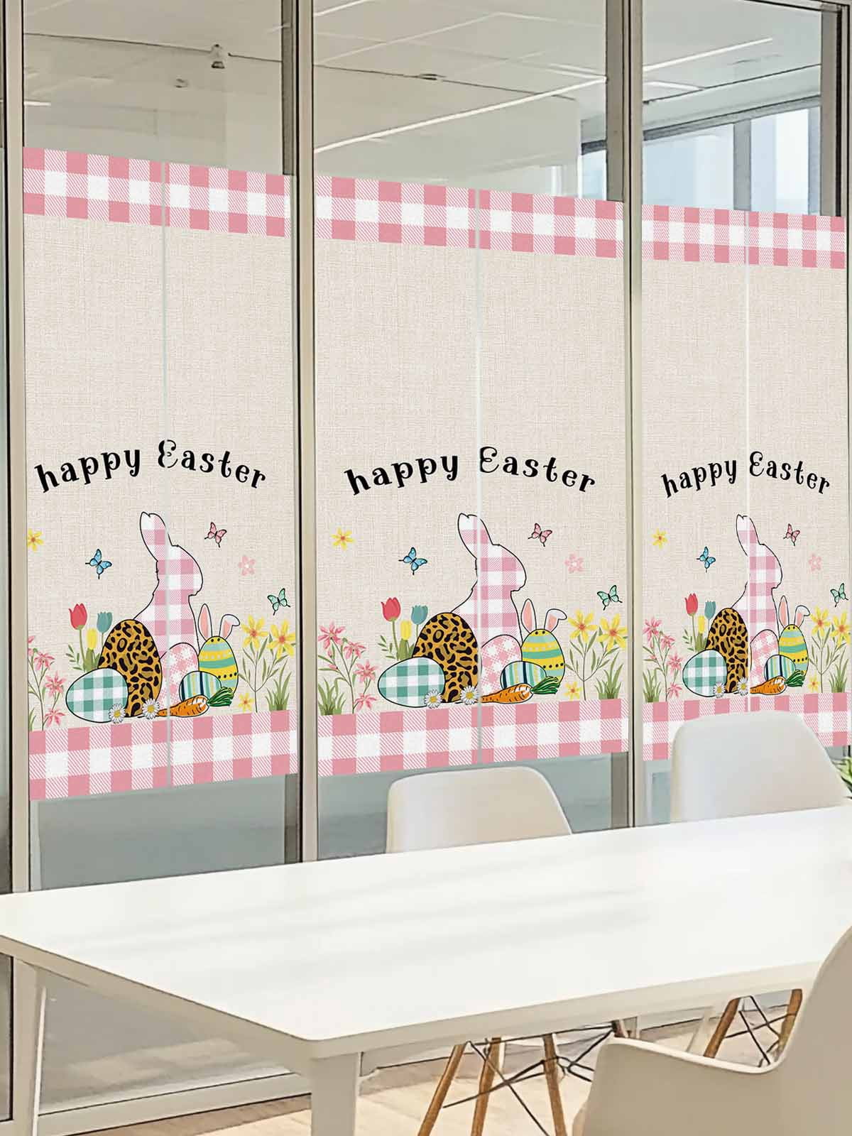 Easter Eggs Window Privacy Film, Rabbits Pink Buffalo Plaid Retro Texture Frosted Glass Window Clings Static Cling UV Heat Blocking Reusable Door Sticker for Bathroom 23.6 x 59 Inch