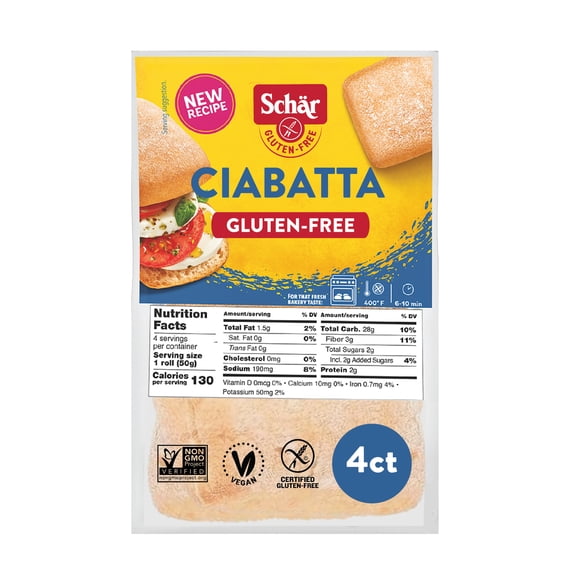 Schar Gluten Free Sourdough Ciabatta Rolls, Artisan Style Bread, Shelf-Stable, 4 Count, 7 oz