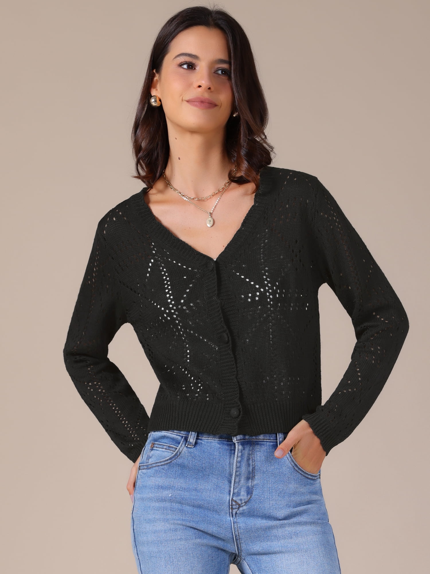 DARING DIVA Women's Long Sleeve Cropped Knit Button Up Crochet Cardigan L Black