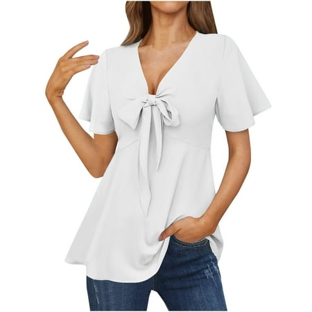 Yyeselk Sexy Women Deep V-Neck Shirts Leisure Bow Tie Front Ruffle Short Sleeves Long Blouses Asymmetric Hem Pure Color Satin Silk Babydoll Summer Tops White S