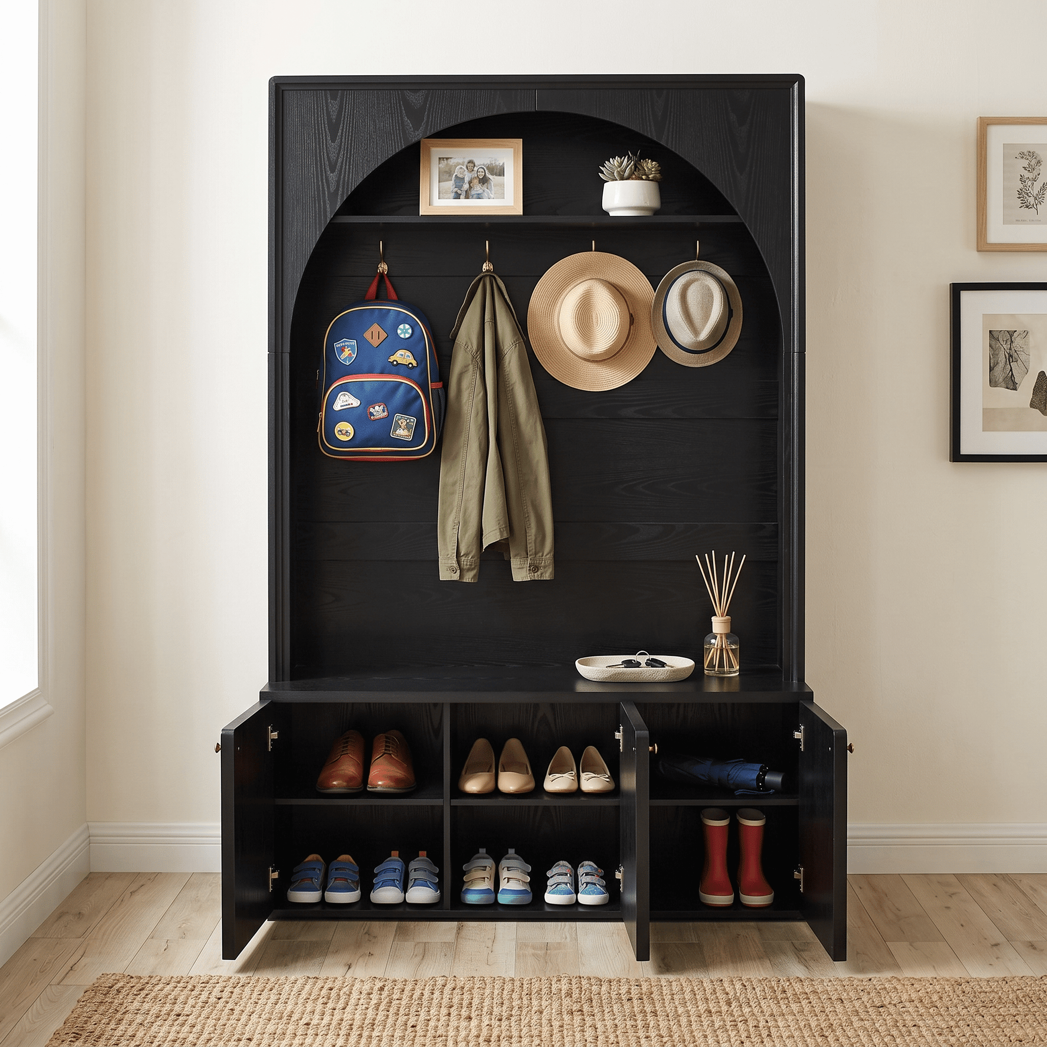 Homy Casa 77.5" Hall Tree Entryway Coat Rack with 3-Door Storage Cabinet, Black