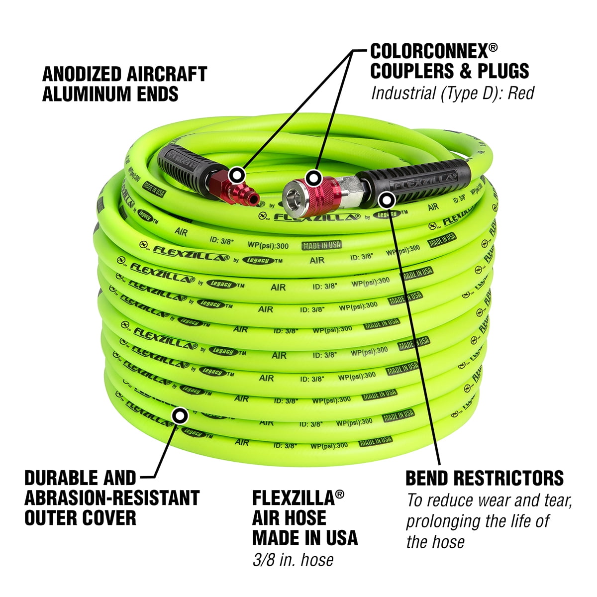 Flexzilla Air Hose Kit, 3-Piece, 3/8" x 100', ZillaGreen, with ColorConnex Coupler and Plug, Type D, Red