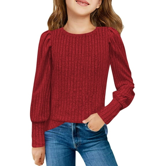 Girls Puff Long Sleeve T Shirts Casual Crewneck Loose Fit Tee Tops Kids Fall Clothes 5-14 Years Red 120