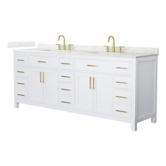 Beckett 84" White Double Vanity & Giotto Quartz Top (3-Hole) & Gold Trim