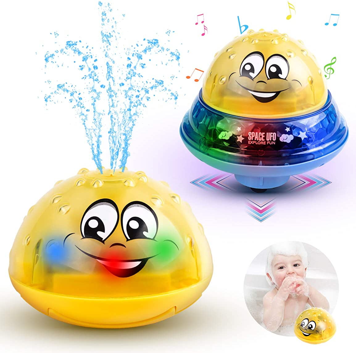 2 in 1 Spray Water Squirt Toy Space UFO Car Toys With LED Light Up Float Toys Bathtub Shower Pool Bathroom Toy for Baby Toddler Infant Kid Sammious Bath Toy