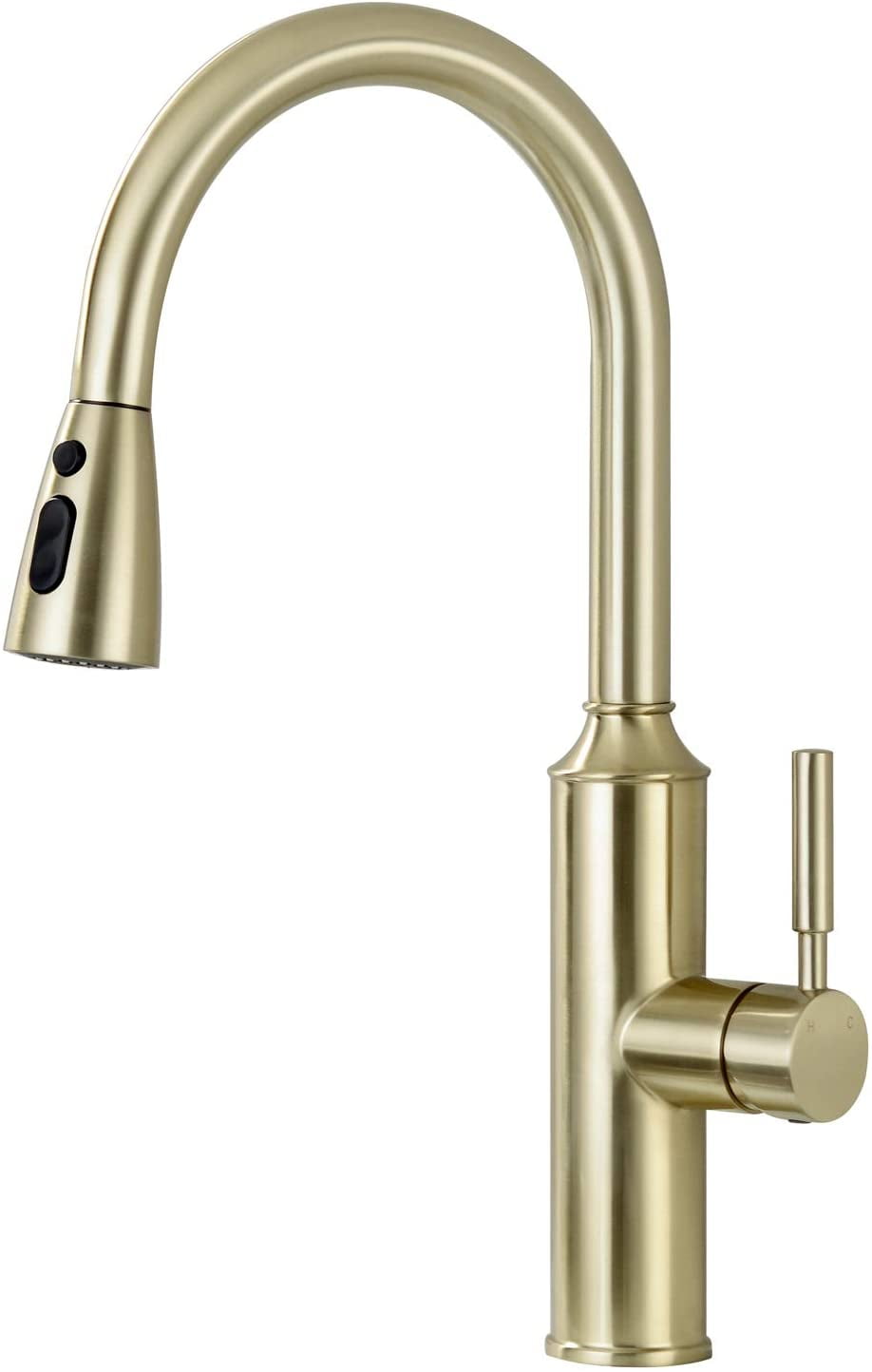 Solid Brass Gold Kitchen Faucet, 3 Function Nozzle Faucet, Stainless