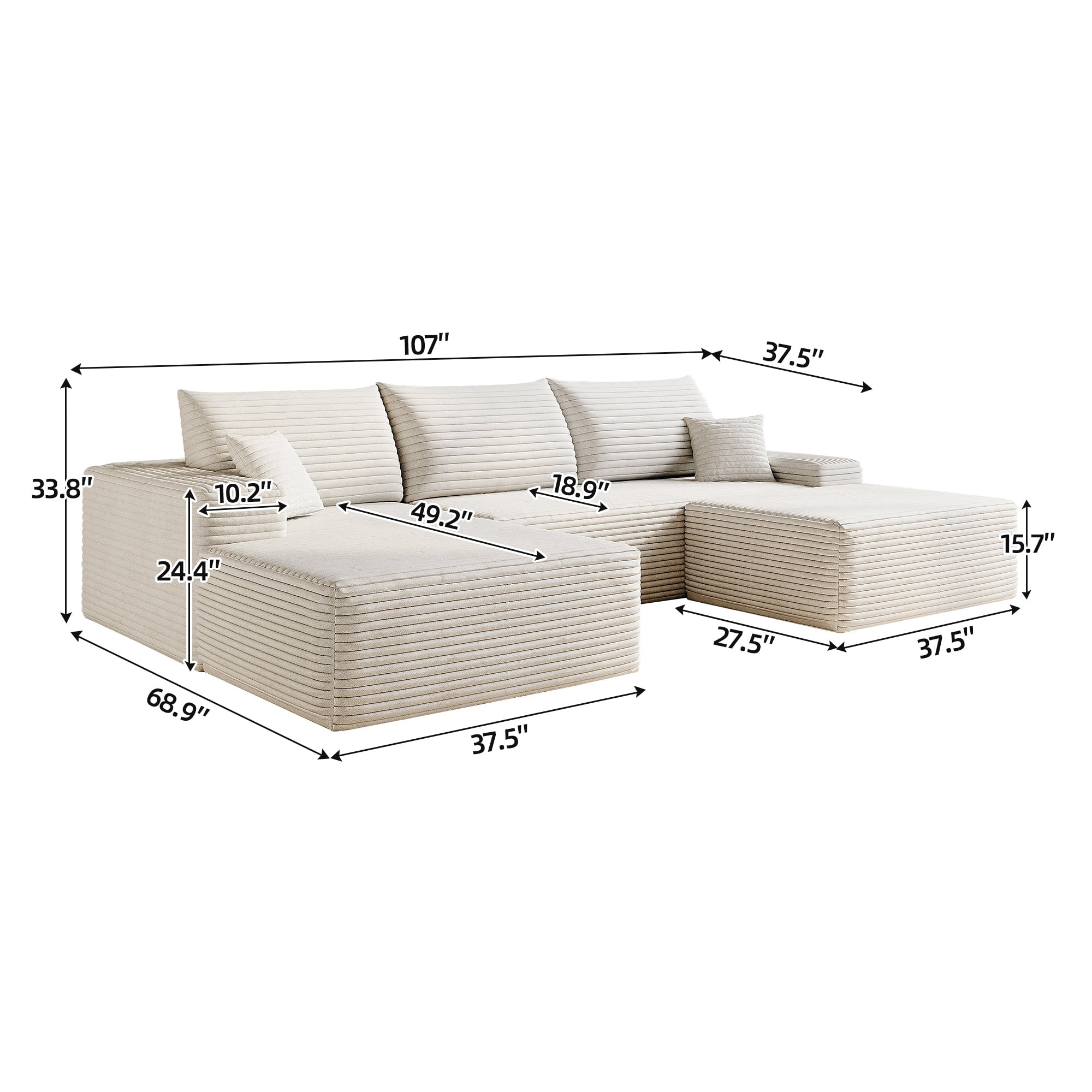 Sailvan 107" Cloud Sectional Couch, Cloudy Sofa with L-Shape Chaise & Ottoman, Upholstered Couches for Living Room & Bedroom, No Assembly Required, Plush Corduroy Fabric, Beige