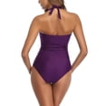 thumbnail image 4 of One Piece Bathing Suit Women Built In Bra Backless Lace-Up Halter Ruched Swimwear Slimming Hide Belly Swimsuits (L, Purple), 4 of 5