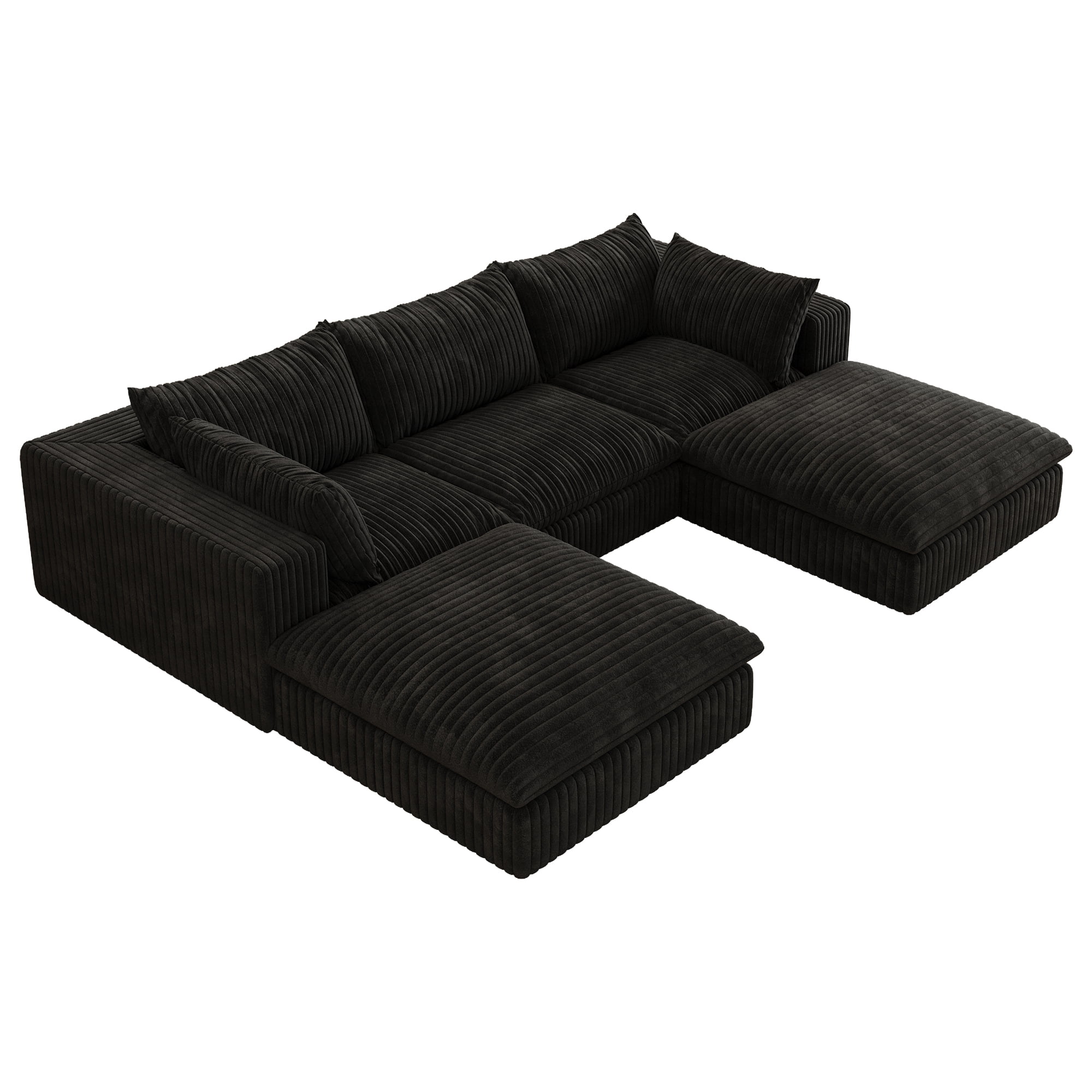 MAYEERTY 118.2" Cloud Sofa Black Corduroy Fabric Deep Seat Double-Layer Design Removable Cushion No Assembly DIY Combination for Multi-Rooms