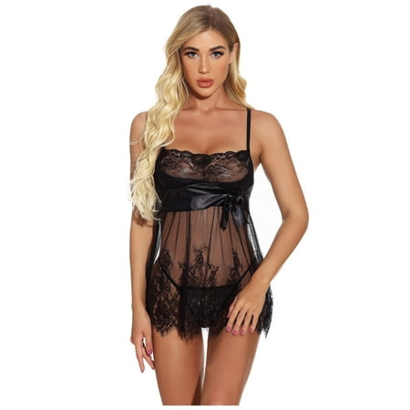 

DENGDENG Womens Sexy Bowknot Babydoll Eyelash Lace Mesh Lingerie Set See Through Teddy Babydolls