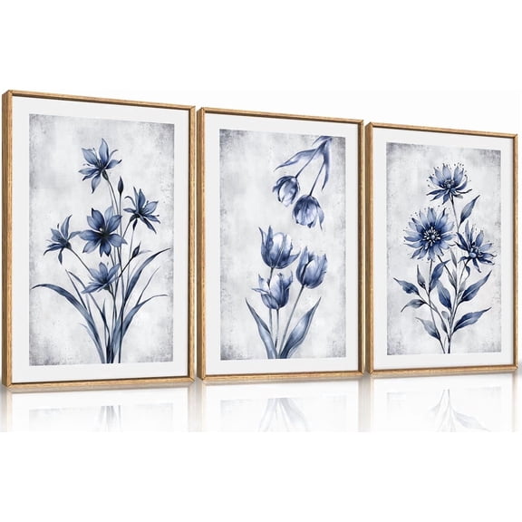 Navy Blue and Grey Flower Framed Canvas Wall Art Set,Modern Botanical Plant Wall Decor,Neutral Wildflower Painting,Watercolor Aesthetic Floral Artwork for Living Room,Bedroom,Office-24''x36''x3