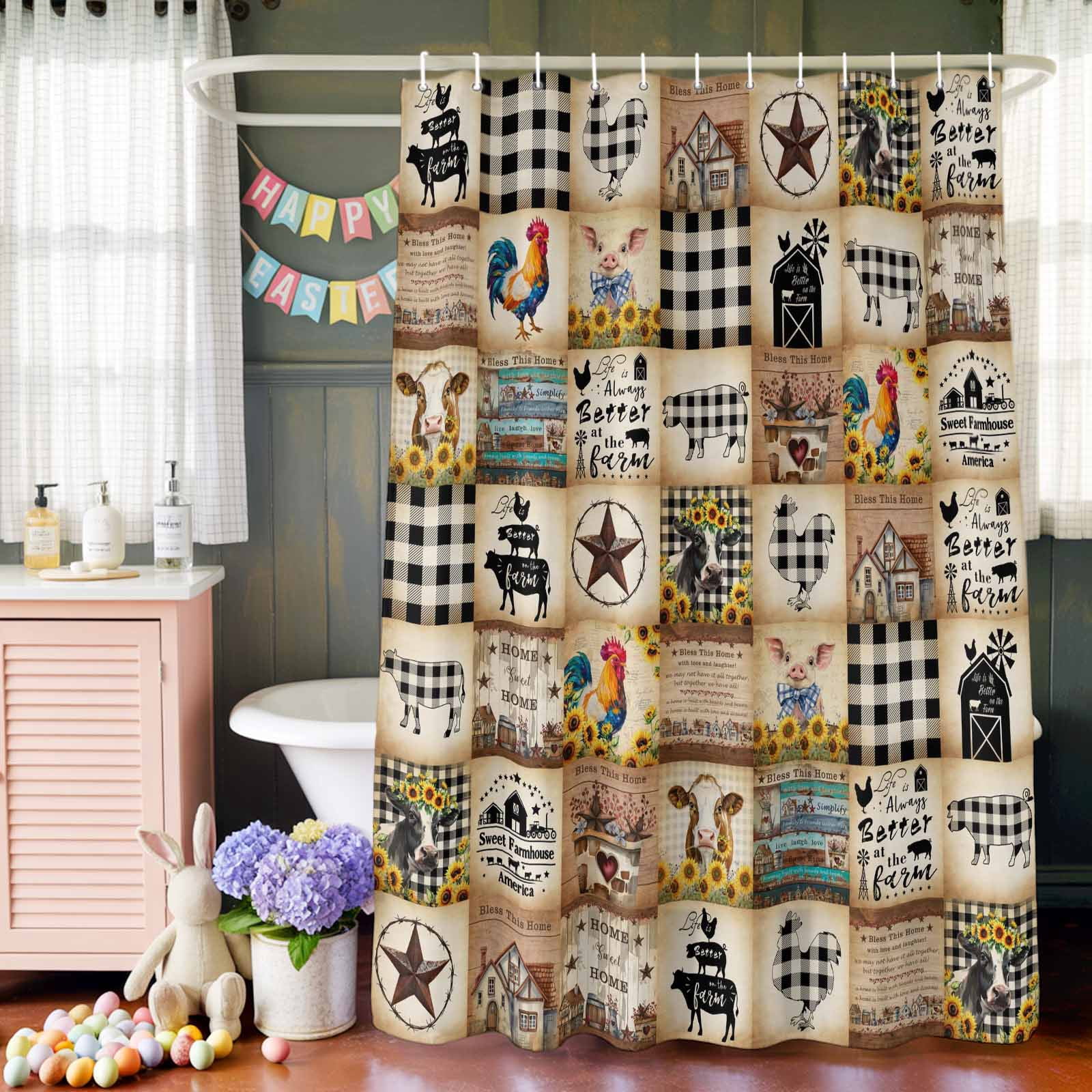 Vintage Rustic Farmhouse Plaid Shower Curtain Set with Hooks, Farm Animals Barn Stars Waterproof Fabric Bathroom Curtains Decor Home Accessories,72X 96 Inch Extra Long