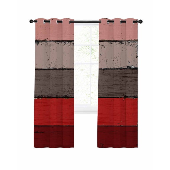 Red Grey Blackout Curtains 39 Inches Long for Bedroom, Vintage Stripe Farmhouse Wood Grain Ombre Thermal Insulated Room Darkening Black Out Window Curtain Panels Grommet Drapes for Living Room