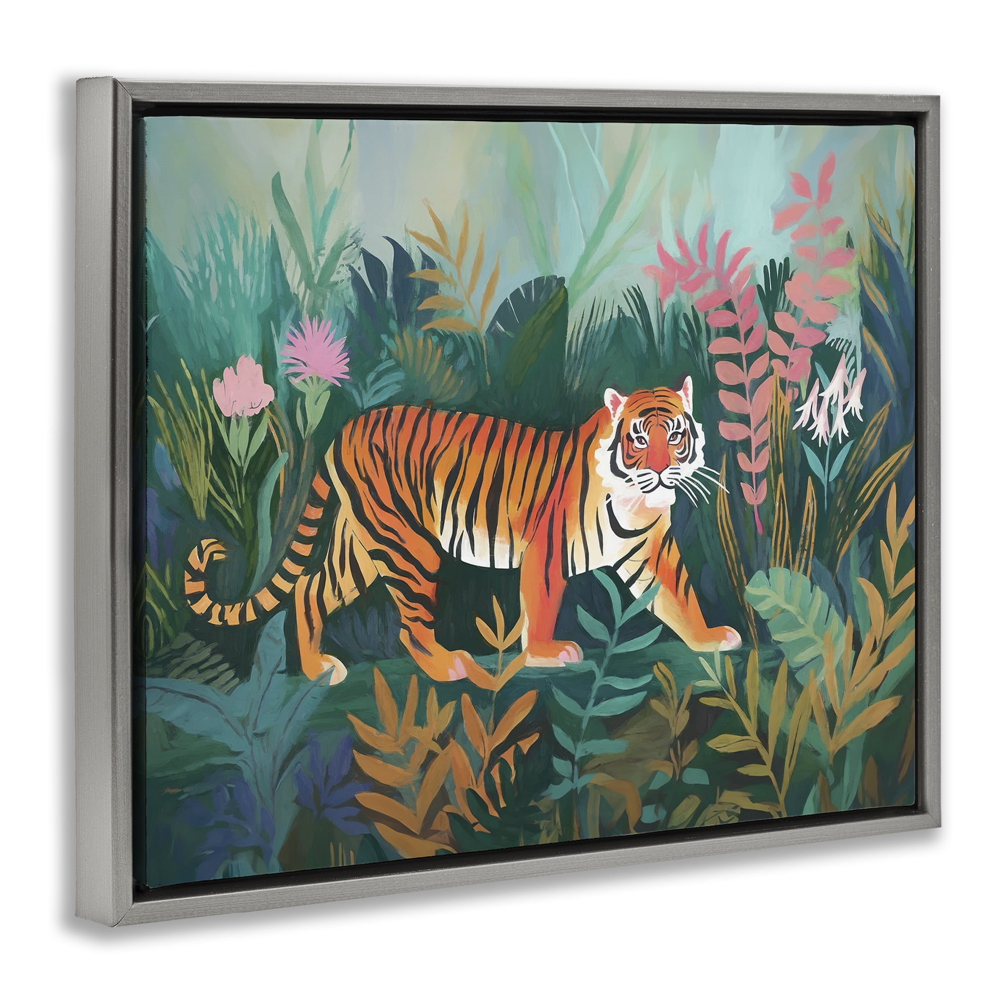 Stupell Industries Tiger in Jungle Leaves Animals & Insects Painting Gray Floater Framed Canvas Art Print Wall Art, 31 x 25