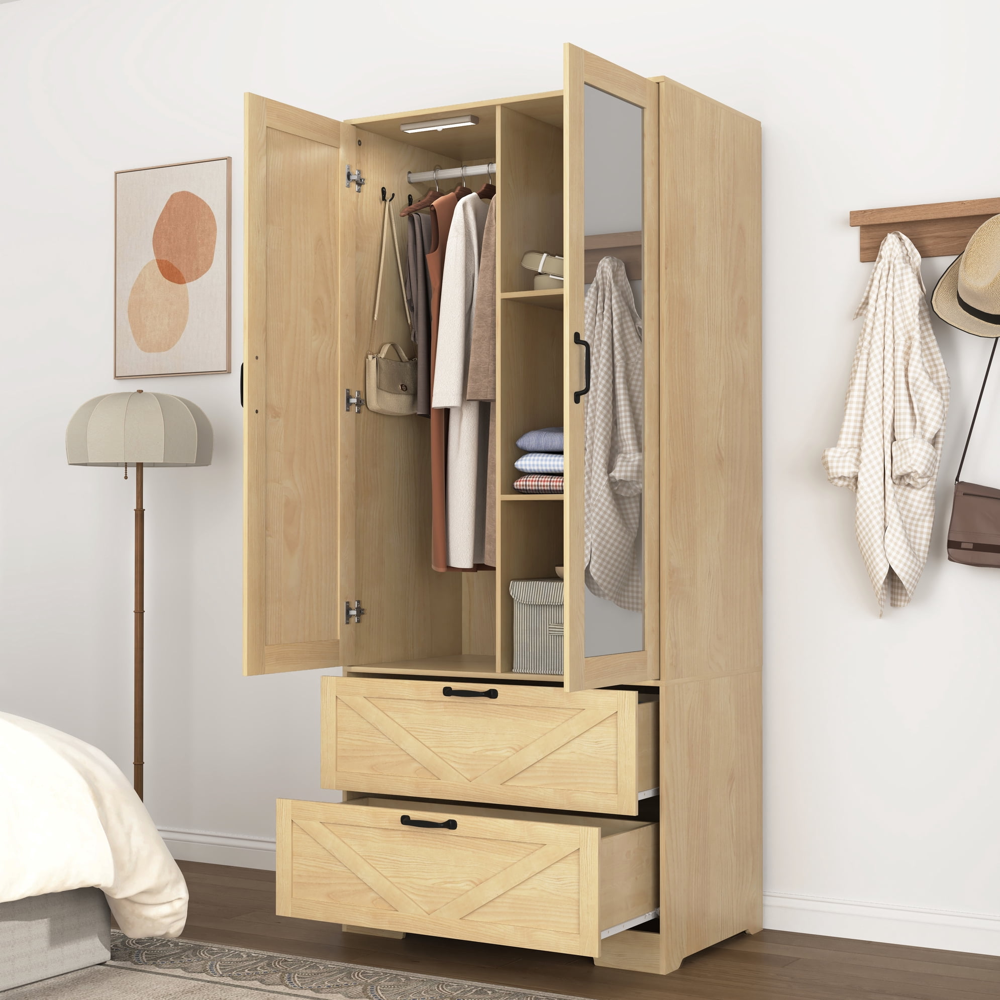 Noble House 2 Doors Wardrobe Closet with Mirror, Drawers and Hanging Rod, Natural