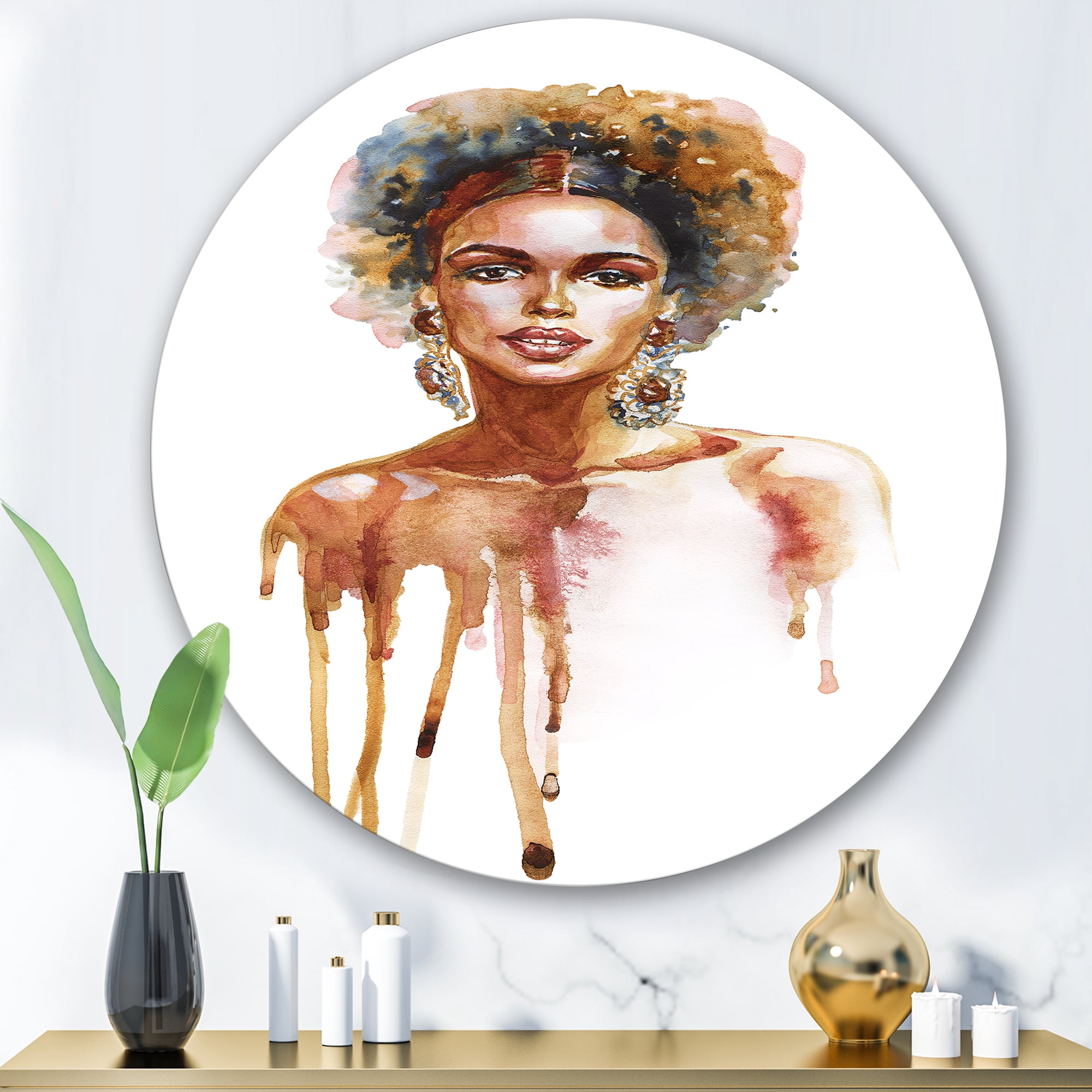 Designart 'Portrait of Afro American Woman XIII' Modern Circle Metal Wall Art 29x29 - Disc of 29