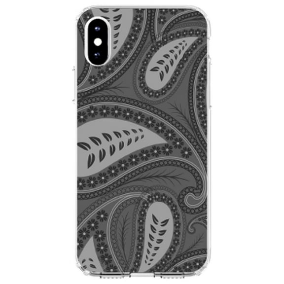 DistinctInk Clear Shockproof Hybrid Case for iPhone XR (6.1" Screen) - TPU Bumper, Acrylic Back, Tempered Glass Screen Protector - Big Grey Black Paisley