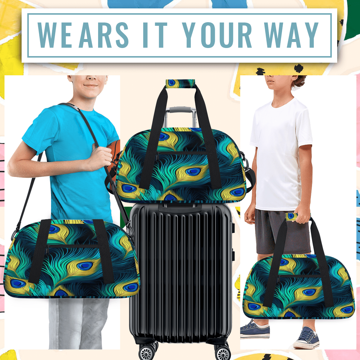 Herdesigns Peacock Bird Feathers Sports Duffle Bag for Women & Men, Gym Bag Dance Bag Overnight Bag Carry On Weekender Travel Bag