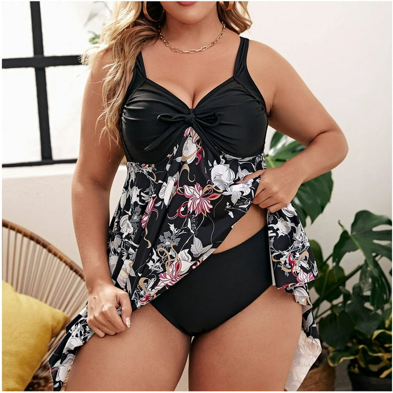 Womens Plus Size Swimsuits Tummy Control Bathing Suits One Piece Swimsuit  Flowy Swimwear Swimdress with Bottom Floral Print Swim Suit 