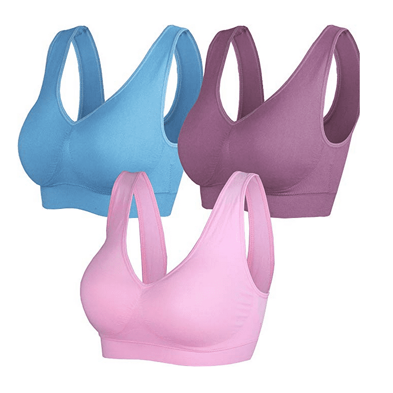 QiShi Women's 3-Pack Seamless Wireless Sports Bra with Removable Pads(Pink,  Purple, Blue) 