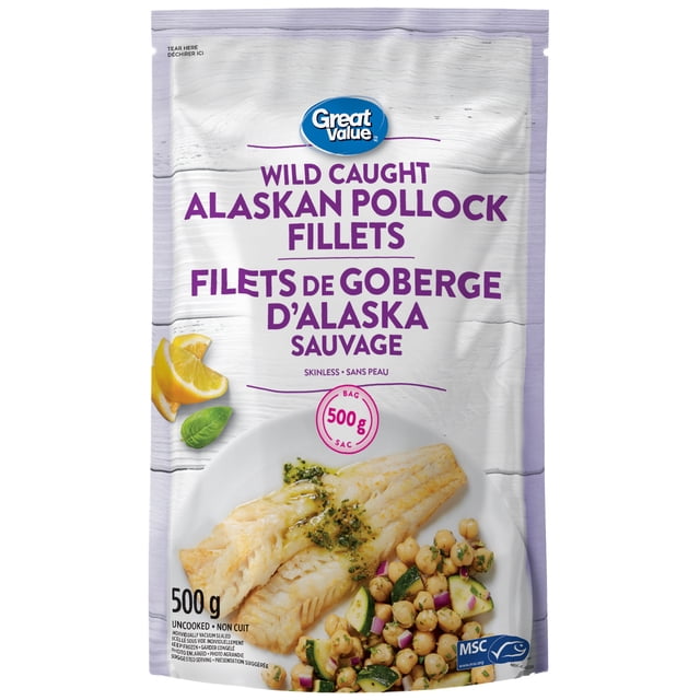 Great Value Wild Caught Skinless Alaska Pollock Fillets, GV Pollock Fillets 500g