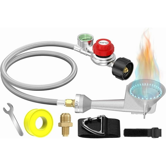 High Pressure Cast-Iron Round Burner Head 0-30PSI Adjustable Pressure Propane Regulator with Hose, Propane Burner Head with 5FT Stainless Braided Hose for Turkey Fryer Burners&Cooking Outdoor