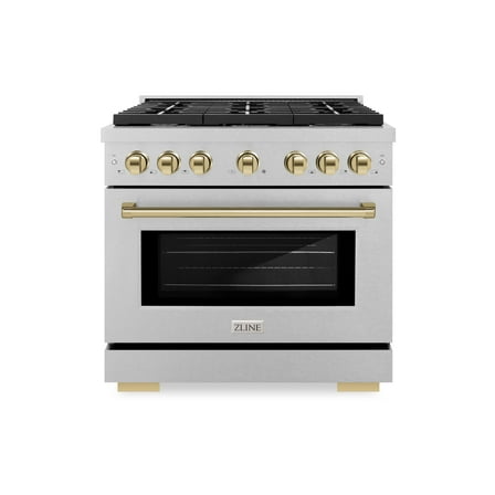 ZLINE Autograph Edition 36 in. 5.2 cu. ft. Paramount Dual Fuel Range with 6 Burner Gas Cooktop and Electric Convection Oven in DuraSnow Stainless Steel with Polished Gold Accents (SDRSZ-36-G)