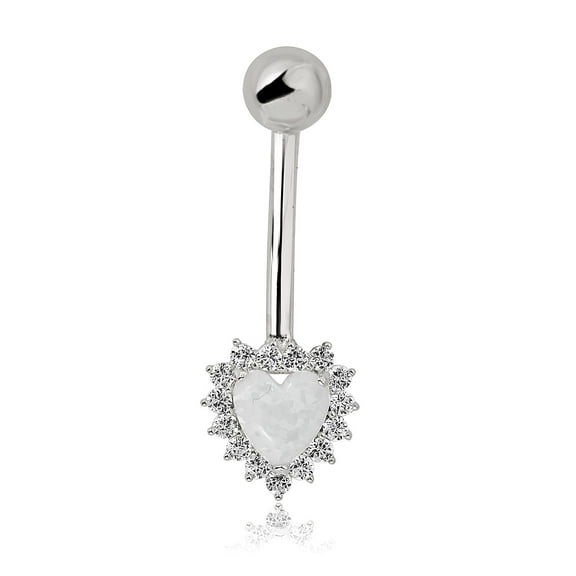 AVORA 10K White Gold Simulated Opal Heart Halo with Simulated Diamond CZ Halo Dangle Belly Button Ring Body Jewelry (14 Gauge)  - Size 0