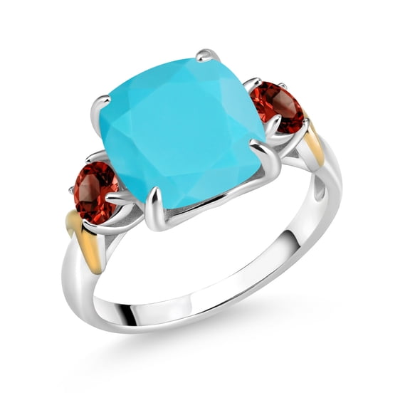 Gem Stone King 925 Silver and 10K Yellow Gold Green Turquoise and Red Garnet 3 Stone Ring for Women (3.74 Cttw, Gemstone Birthstone, Cushion 10MM, Round 4MM, Size 9)