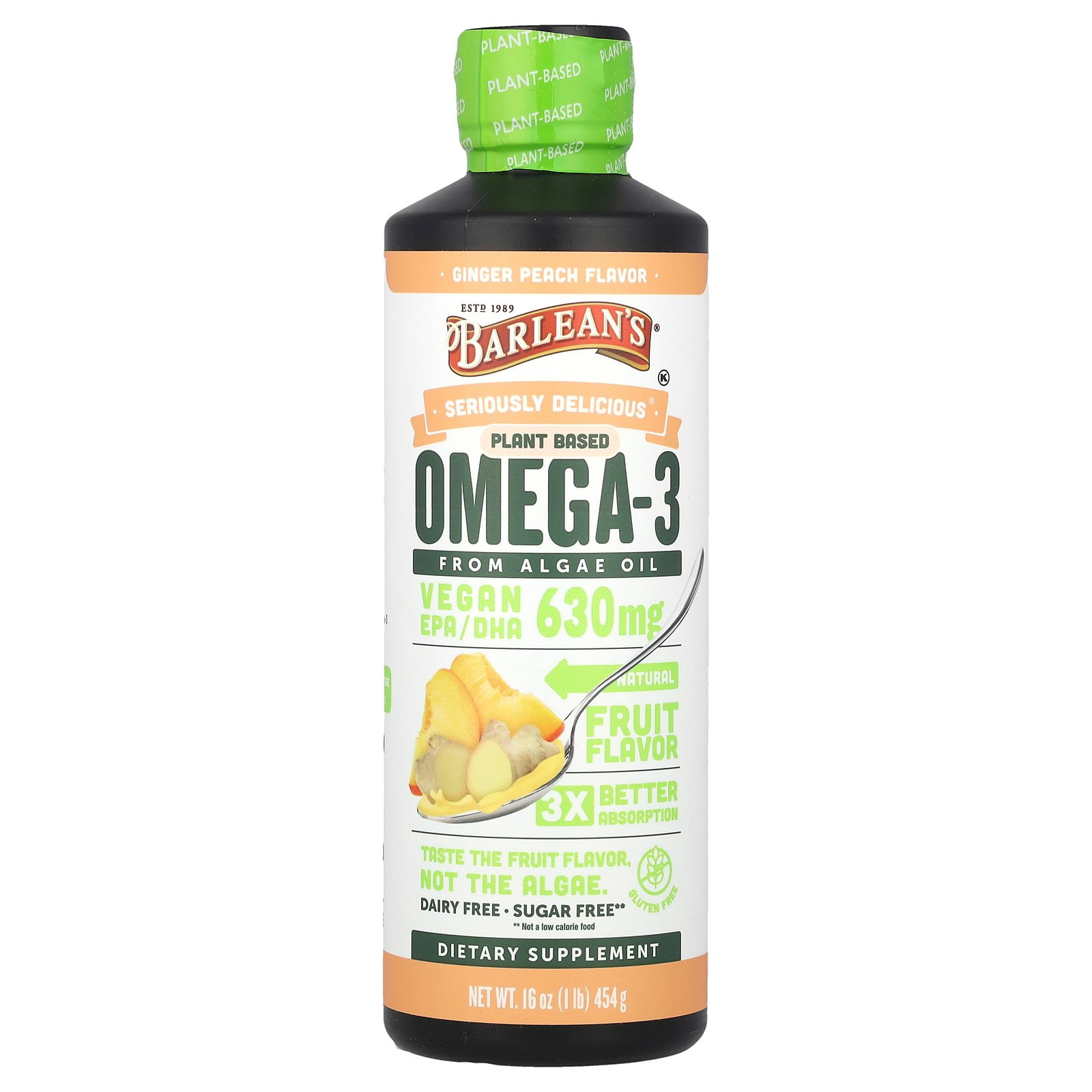 Barlean's Ginger Peach Swirl 16 oz - Vegan Omega 3, Algae Oil, 630 mg EPA & DHA