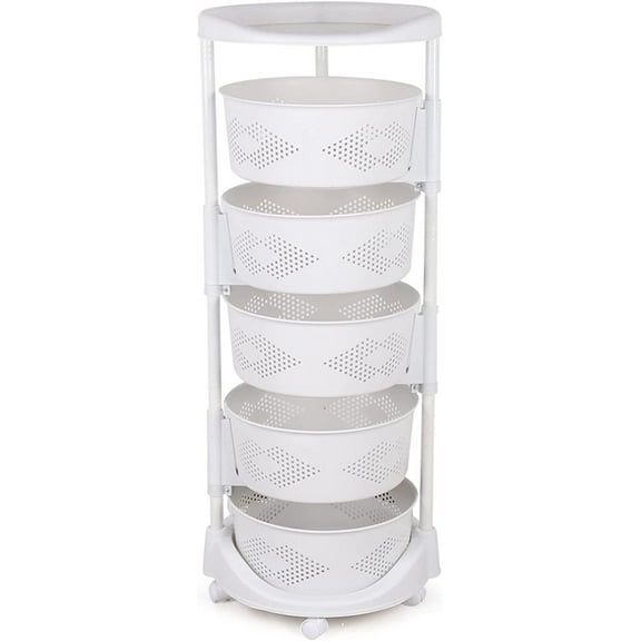 Kitchen Rotating Storage Rack, 5 Layer Round Rotating Basket Large Storage Rack with Wheels, Removable Basket Trolley Shelf Organizer, Fruit and Vegetable Basket Bathroom Storage Organizer