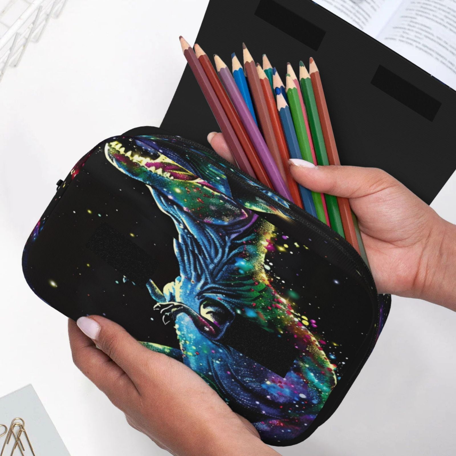 Rateoe colorful flames dinosaur Pattern Double Clamshell Pen Case, Storage Organizer with Two Zipper Compartments– Holds Up to 50 Pencils & Pens