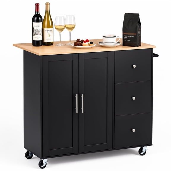 VEVOR Kitchen Island Cart with Storage, 42.4 in Wide Mobile Rolling Storage Island on Swivel Wheels, with 3 Drawers, Storage Cabinet, Drop Leaf, Towel Rack, Table for Home Dining Room, Black