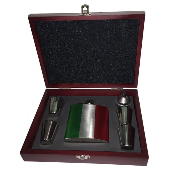 KuzmarK 6 oz. Stainless Steel Flask Set in Rose Wood Presentation Box -  Italian