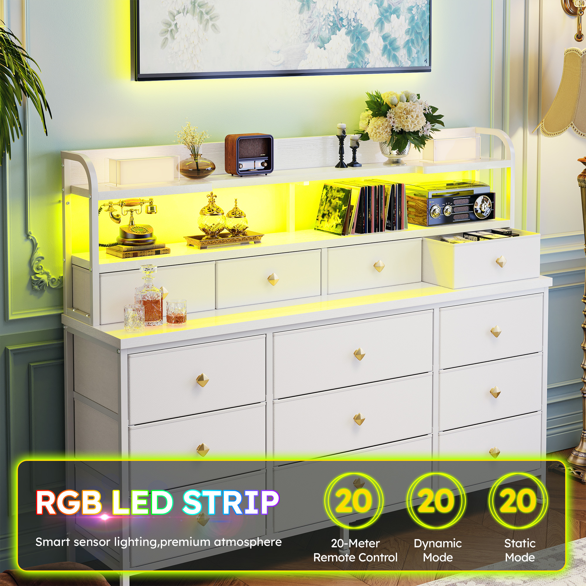 White Dresser for Bedroom Long Dresser with 13 Fabric Drawers and Shelves for Closet Dresser with LED Light