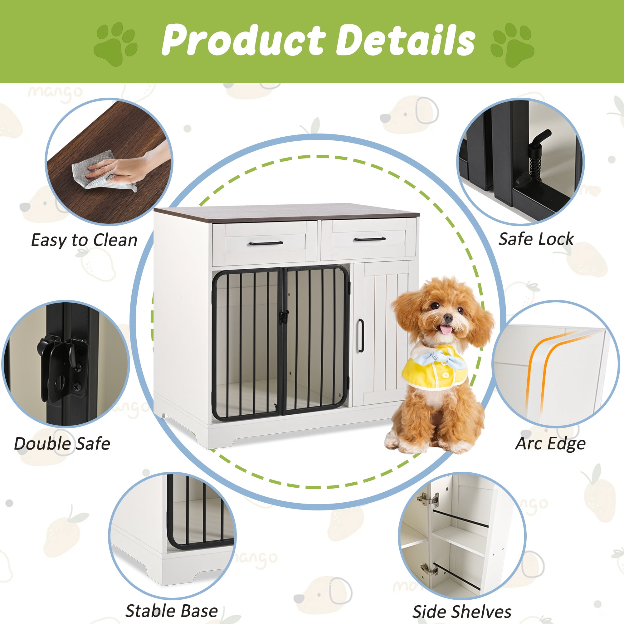 Euroco 2-in-1 Dog Crate Furniture with Storage Drawers and Cabinet, Chew-Resistant Indoor Dog Kennel with Double Locks, White & Brown Pet Crate Table