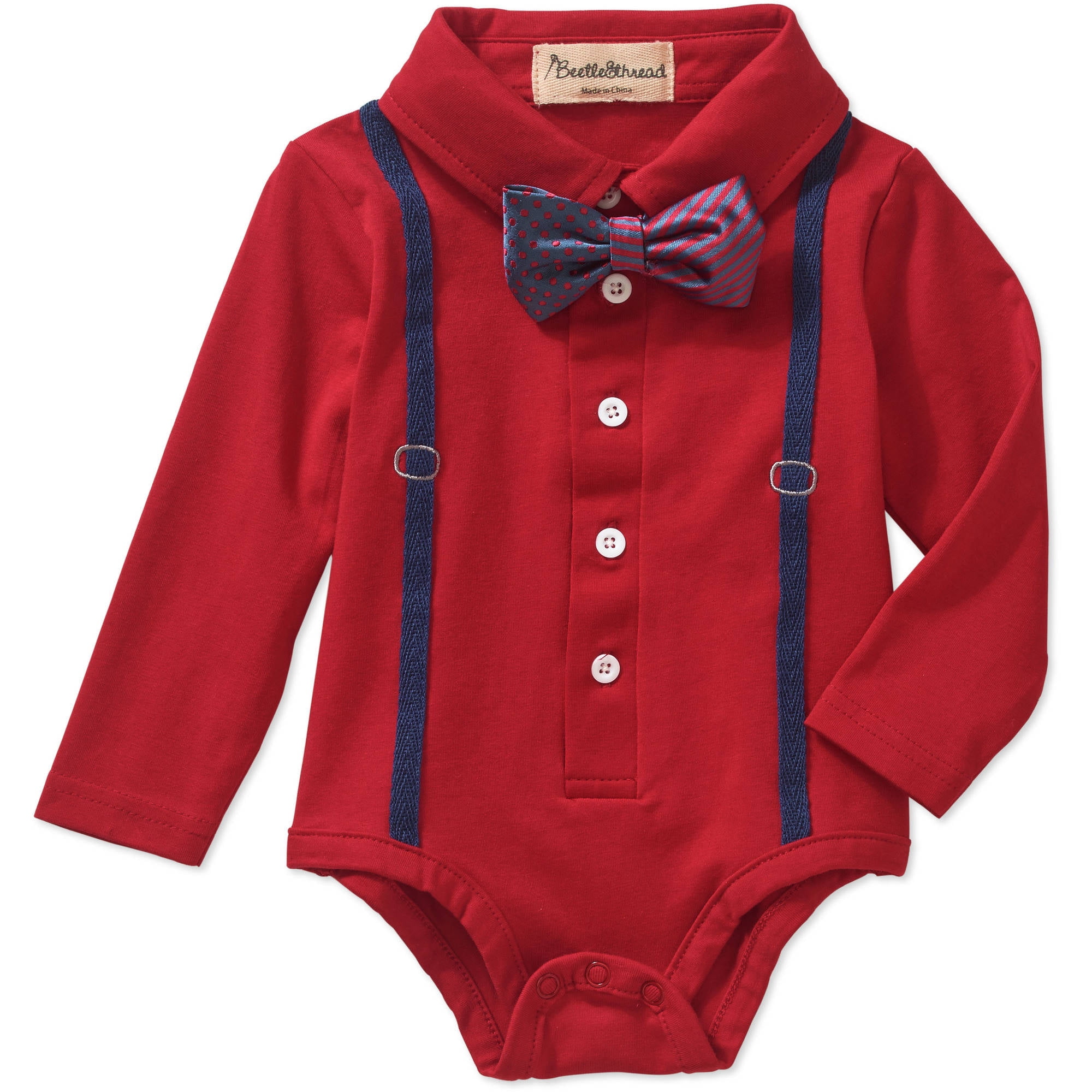 Newborn Baby Boys' Collared Bodysuit with Suspenders and Bowtie