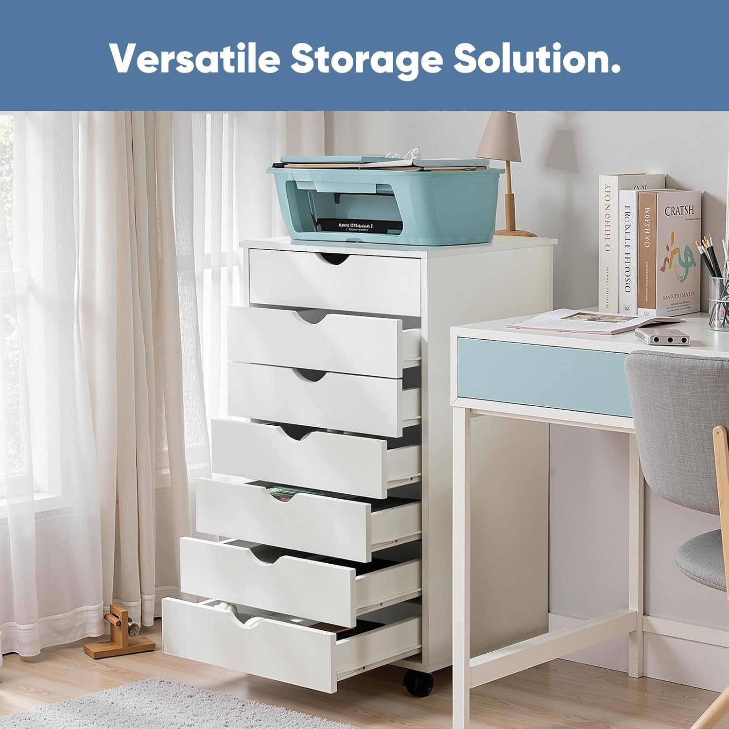 7 Drawer Storage Organizer, 34.25'' Height File Cabinets Dressers With Wheels, Wood Cabinet For Home Office, Bedroom, Study, White