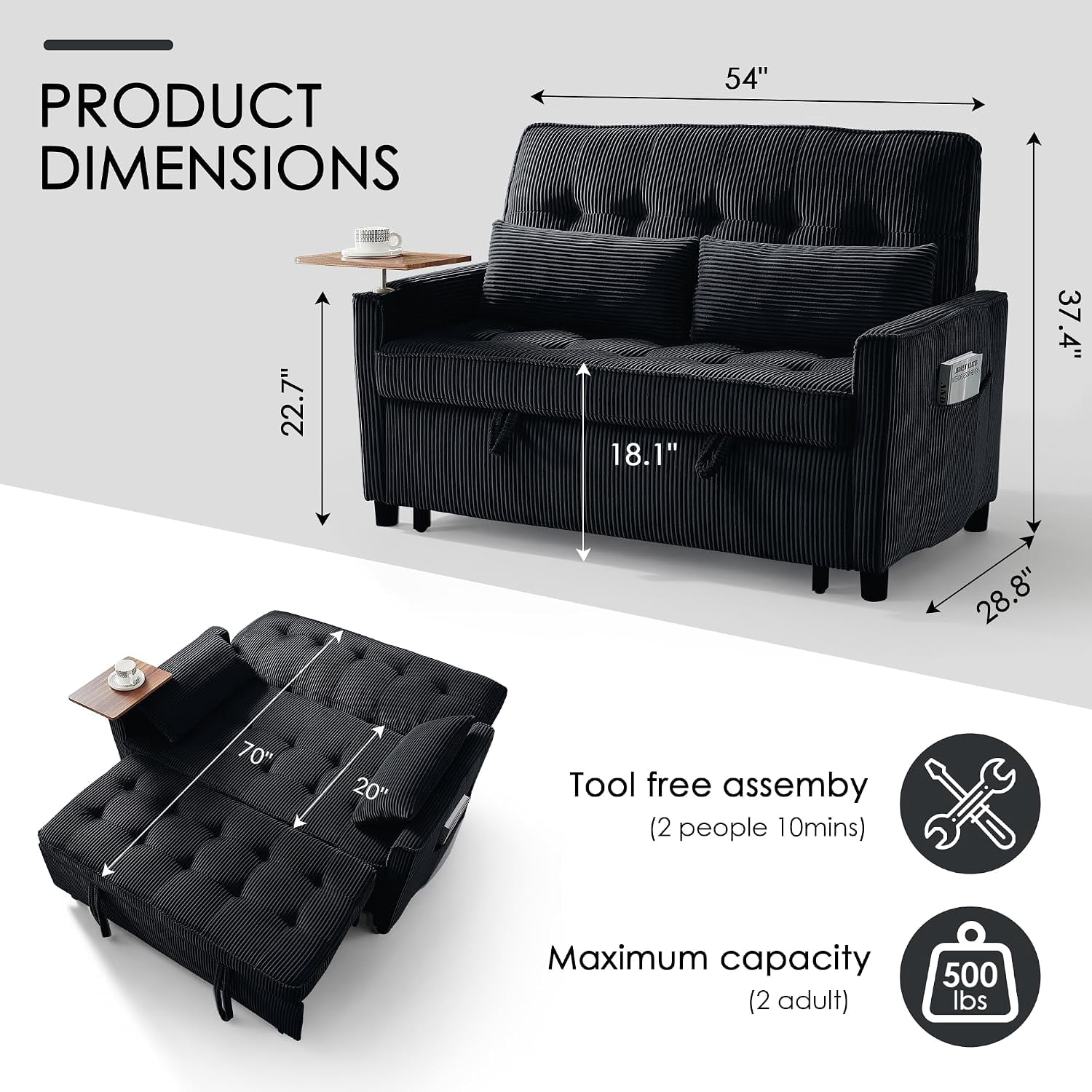 55" Sleeper Sofa Bed, Convertible Pull Out Couch with Side Stand, USB Ports, Side Pockets, Corduroy Fabric, Adjustable Backrest, Black