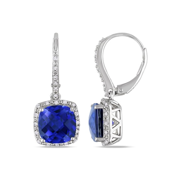 Lab-Created Blue Sapphire & Diamond Earrings 6.70 Carat (Ctw) in Sterling Silver for Women