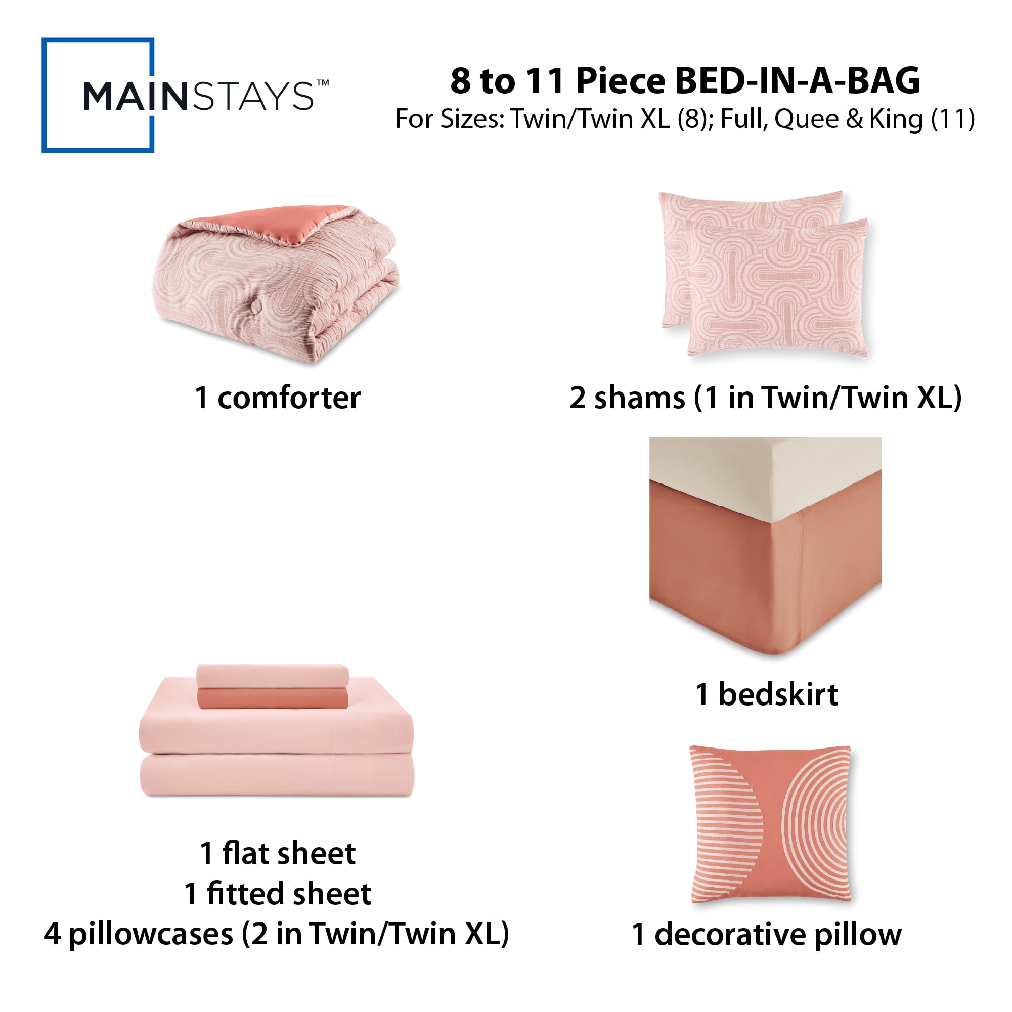 Mainstays All in One Reversible Comforter and Sheet set- 11 Piece, Queen, Pink Arch